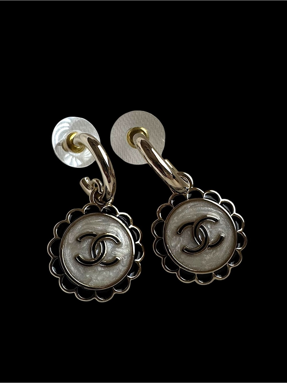 Upcycled Silver and Black CC Medallion Drop Hoop Earrings